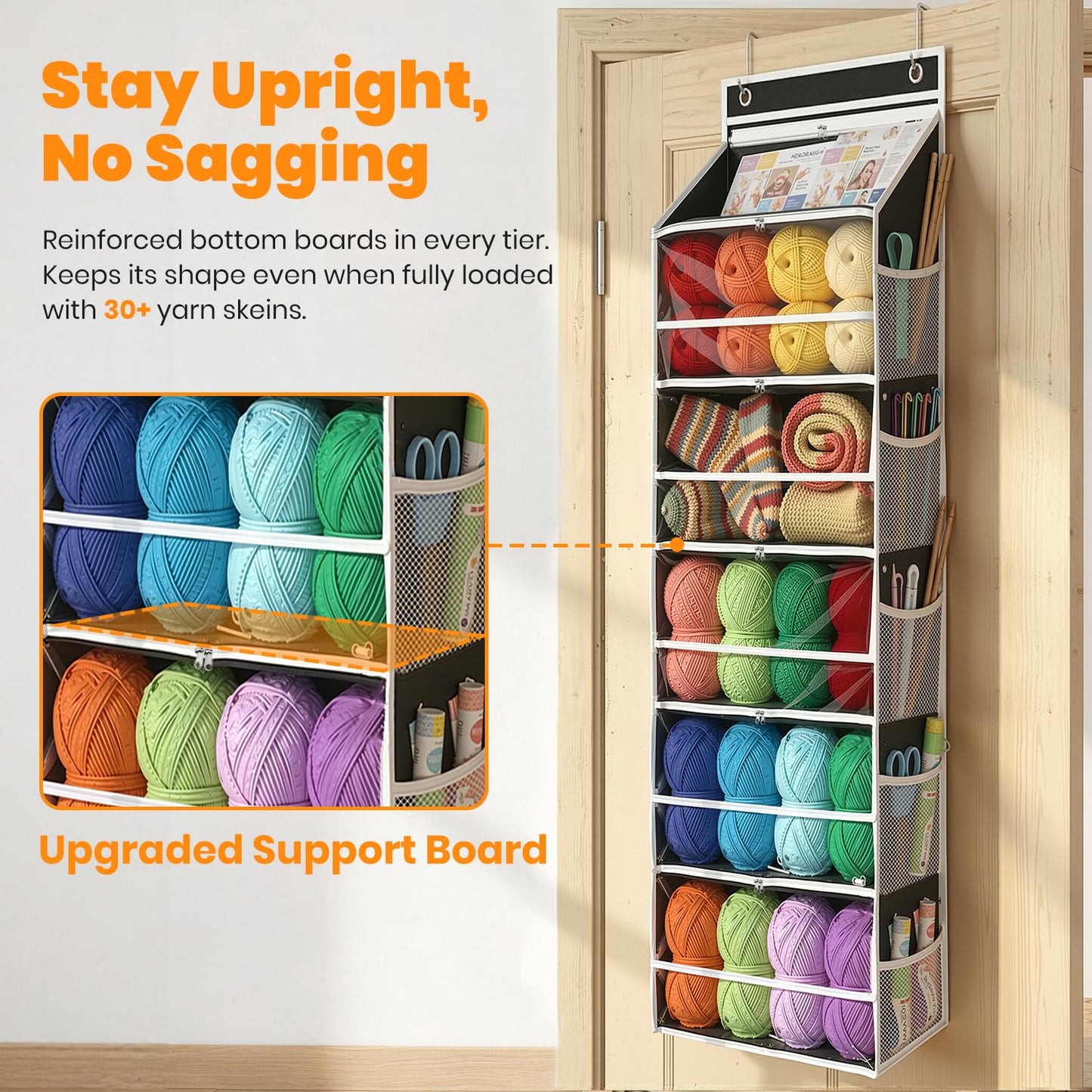 LASTORA Heavy-Duty Oxford Hanging Yarn Storage Organizer with 6 Tiers, Odorless Over the Door Yarn Holder for Crochet and Knitting Lovers, 5 Large Pockets + 1 Tool Section, Black