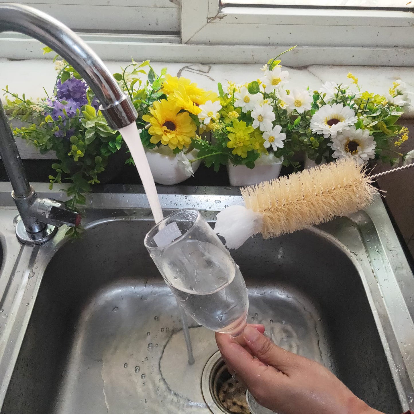 NewFerU Stainless Steel Soda Bottle Cleaning Brush in Natural Boar Bristle Wool Tip Long Handle, Flexible Bendable Thick Wire Cleaner for Narrow Neck Water Baby Bottles Straw Pipe Tube Flask (Big)