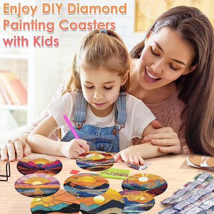 ijbnhd 8 Pcs Sunset Diamond Art Coasters Kits, Sunset Diamond Painting Coasters Kit with Holder, Non Slip Coaster Crafts Kits for Adults Gifts 4x4 inch (Cork Wooden Pad)