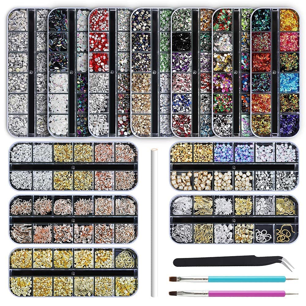 Artdone 12 boxes Nail Rhinestones Glitter,Nail Gems Nail Diamonds,Nail Art Studs Nail Crystals Nail Sequins for Nails Kit with 1 Tweezers and 3 Pen for Nail Art Supplies Accessories