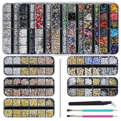 Artdone 12 boxes Nail Rhinestones Glitter,Nail Gems Nail Diamonds,Nail Art Studs Nail Crystals Nail Sequins for Nails Kit with 1 Tweezers and 3 Pen for Nail Art Supplies Accessories