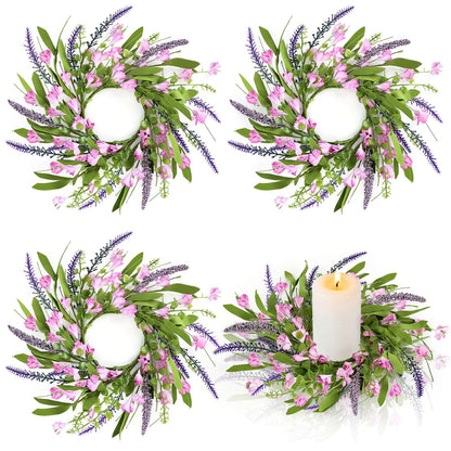 4 PCS Spring Summer Artificial Flowered Wreath Candle Rings Forsythia Lavender Candle Rings Pillar Holder Wreath Mini Floral Candle Rings Wreaths Kitchen Cabinet Swags for Wedding Home Tabletop Decor