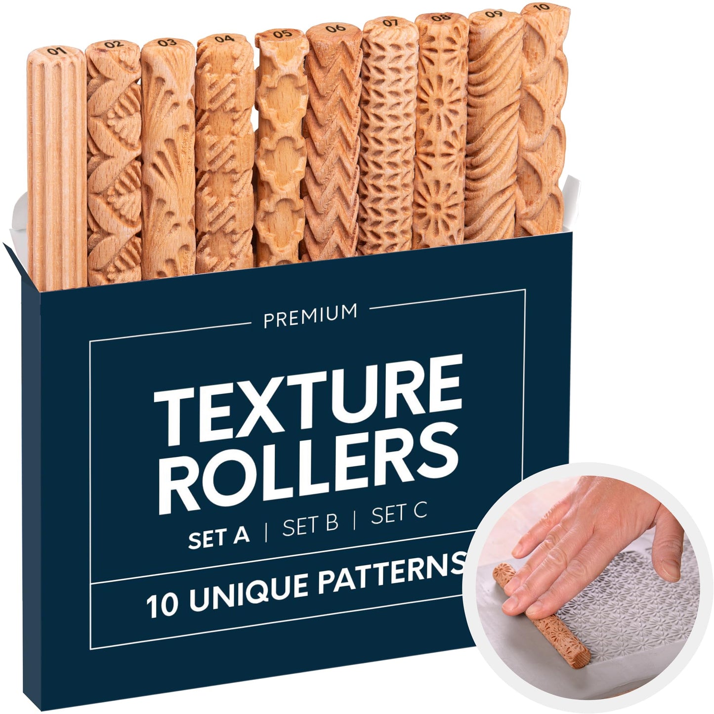 Byllstore Clay Texture Rollers | 10-Pack | 5 in x 0.65 in | Premium Wooden Pottery Tools | Set A