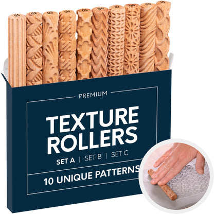 Byllstore Clay Texture Rollers | 10-Pack | 5 in x 0.65 in | Premium Wooden Pottery Tools | Set A