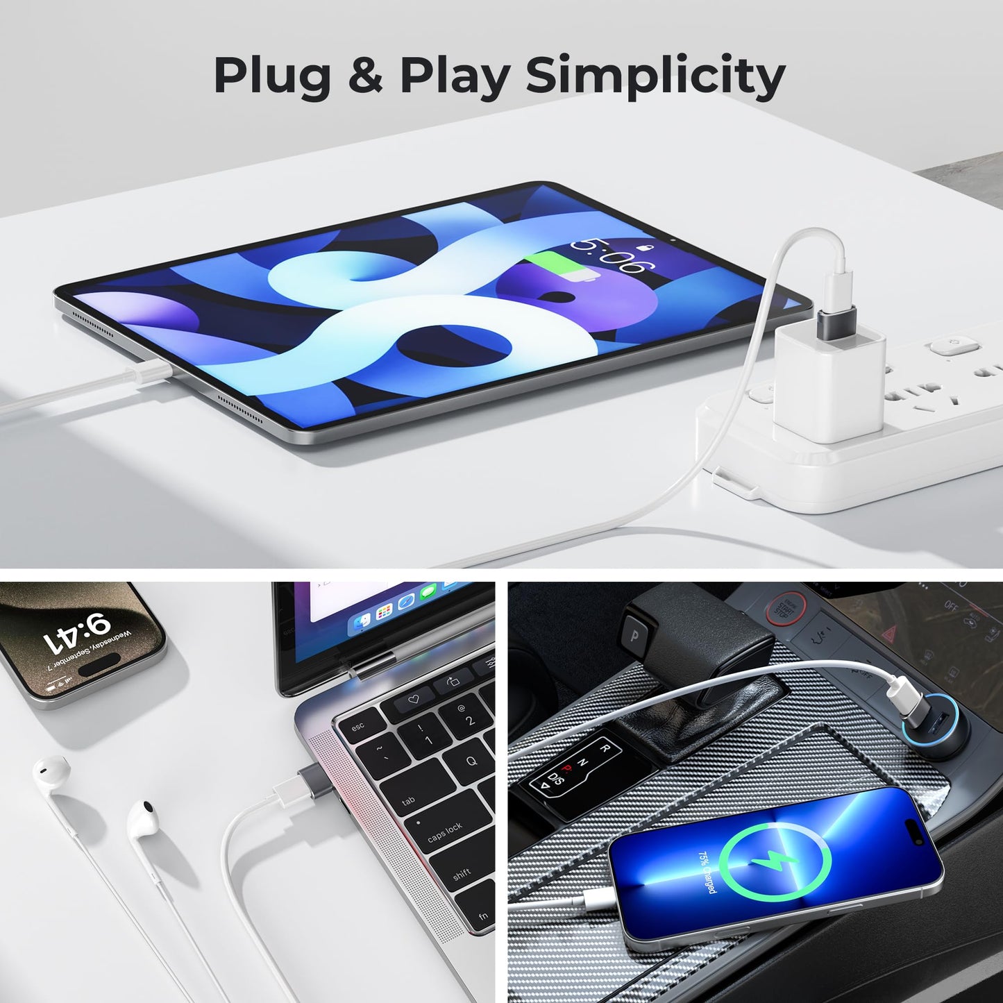 Basesailor iPhone 16 15 Pro Max Car Charger Adapter 4Pack,USB to USBC Adapter Type C Female to A Male Converter for Airpods 4,Apple Watch 10/iWatch,iPhone 14 13 Plus,iPad Mini 7,Samsung Galaxy S24 A54