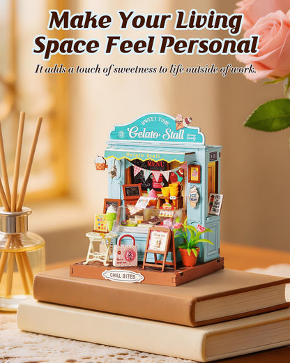 Rolife DIY Miniature Kit Mini Building Dollhouse Gelato Stall, Miniverse Lifestyle Mini Bookshelf Decoration, DIY Hobbies for Craftsman (Gelato Stall)