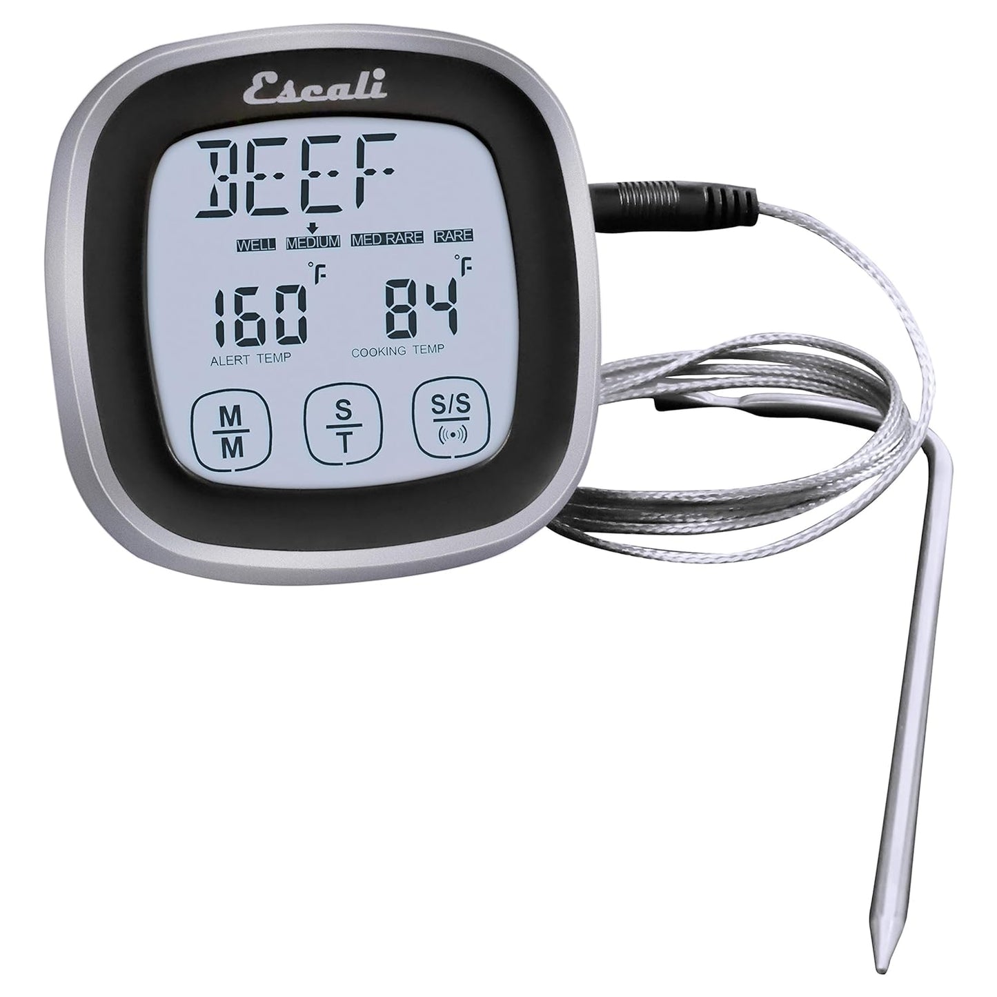 Escali Touch Screen LCD Display Digital Timer, Oven Safe Stainless Steel Probe, Black