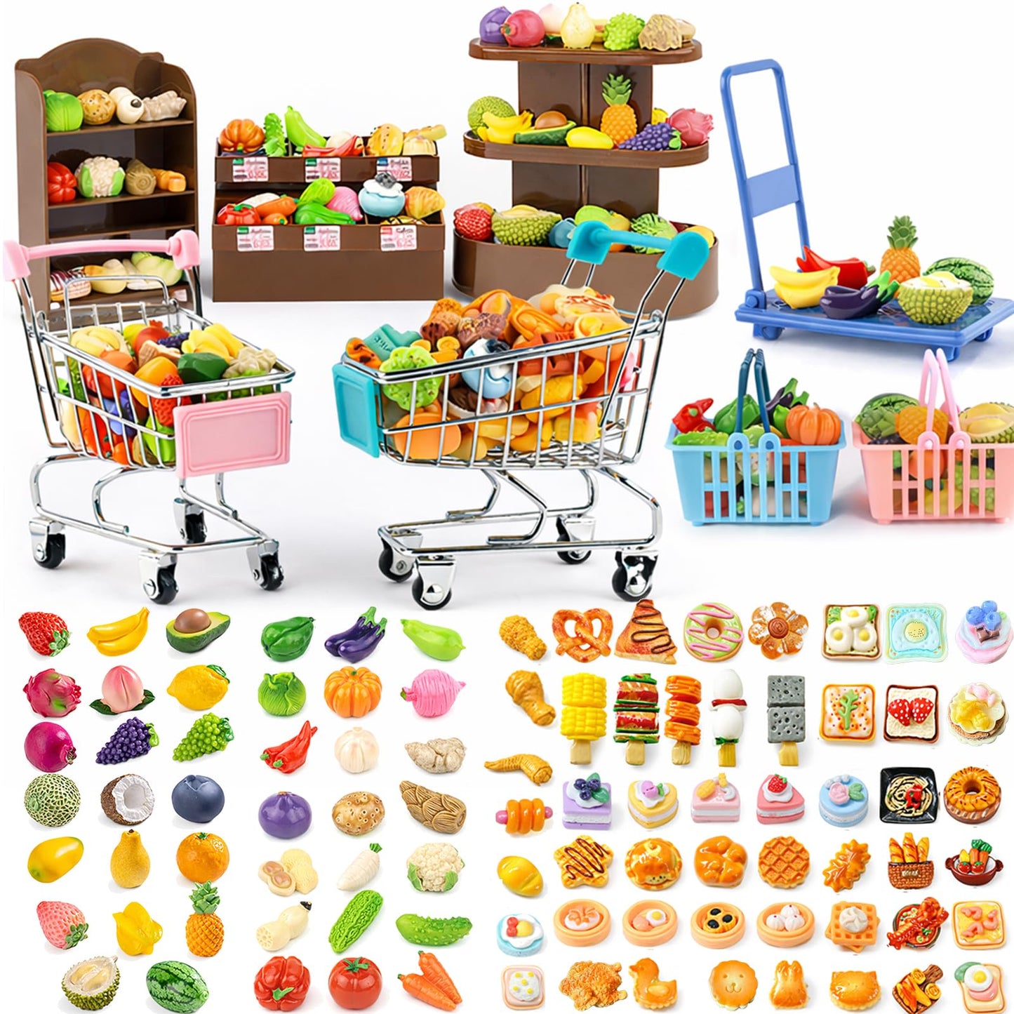 Mini Shopping Cart Basket, Miniature Grocery Toys 3 Supermarket Shelves Play Store 100+ Fruit Vegetable Cake Bread Mini Food Miniature Dollhouse Accessories with Push Cart
