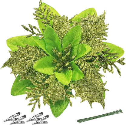 Christmas Poinsettia Artificial Flowers Decorations, 12 Pcs Glitter Flowers Picks for Xmas Tree Wreaths Garland