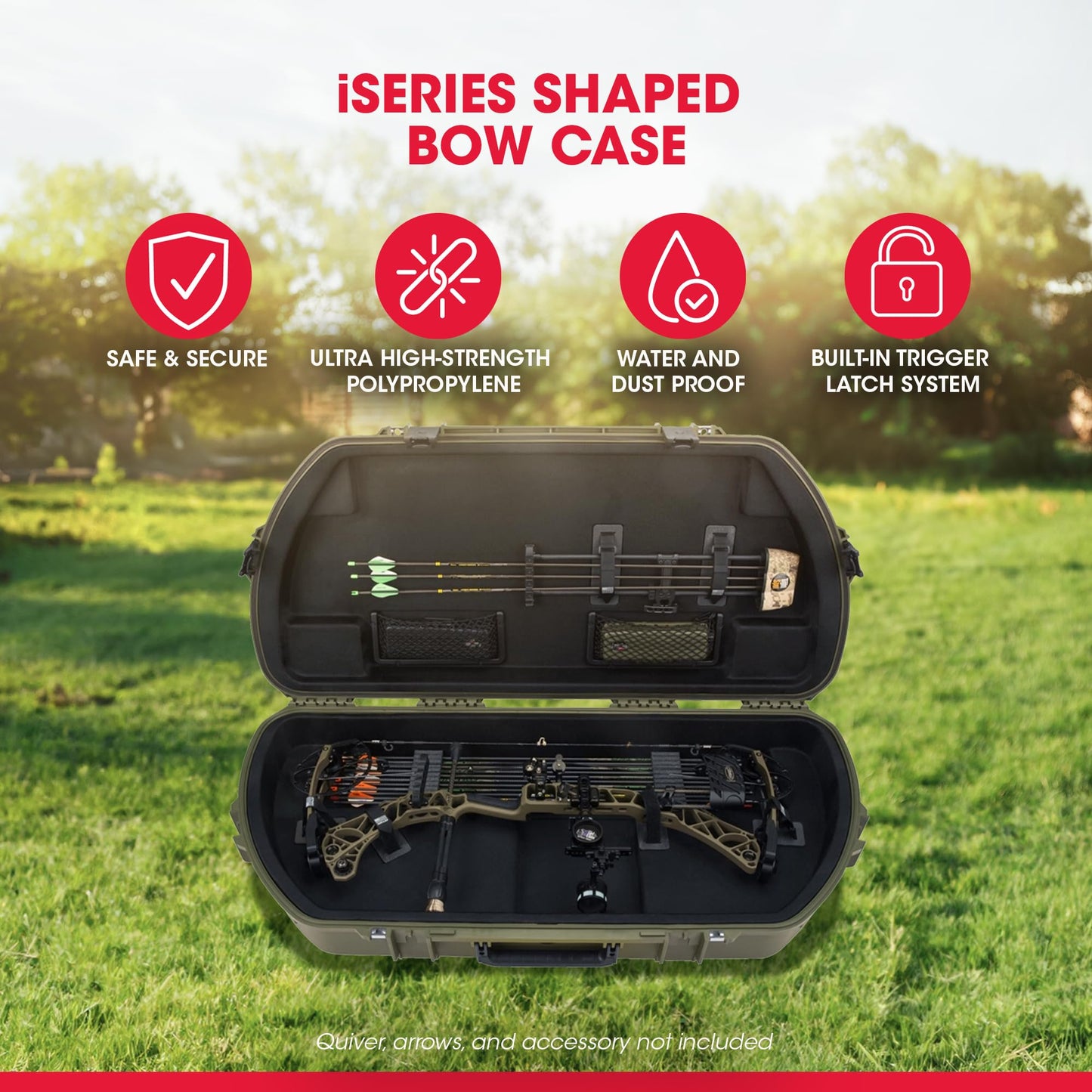 SKB Hard Protective Storage Case for Archery Bow and Arrows, iSeries Shaped Bow Case, Green - Quiver Holder and Gear Box for Hunting Accessories