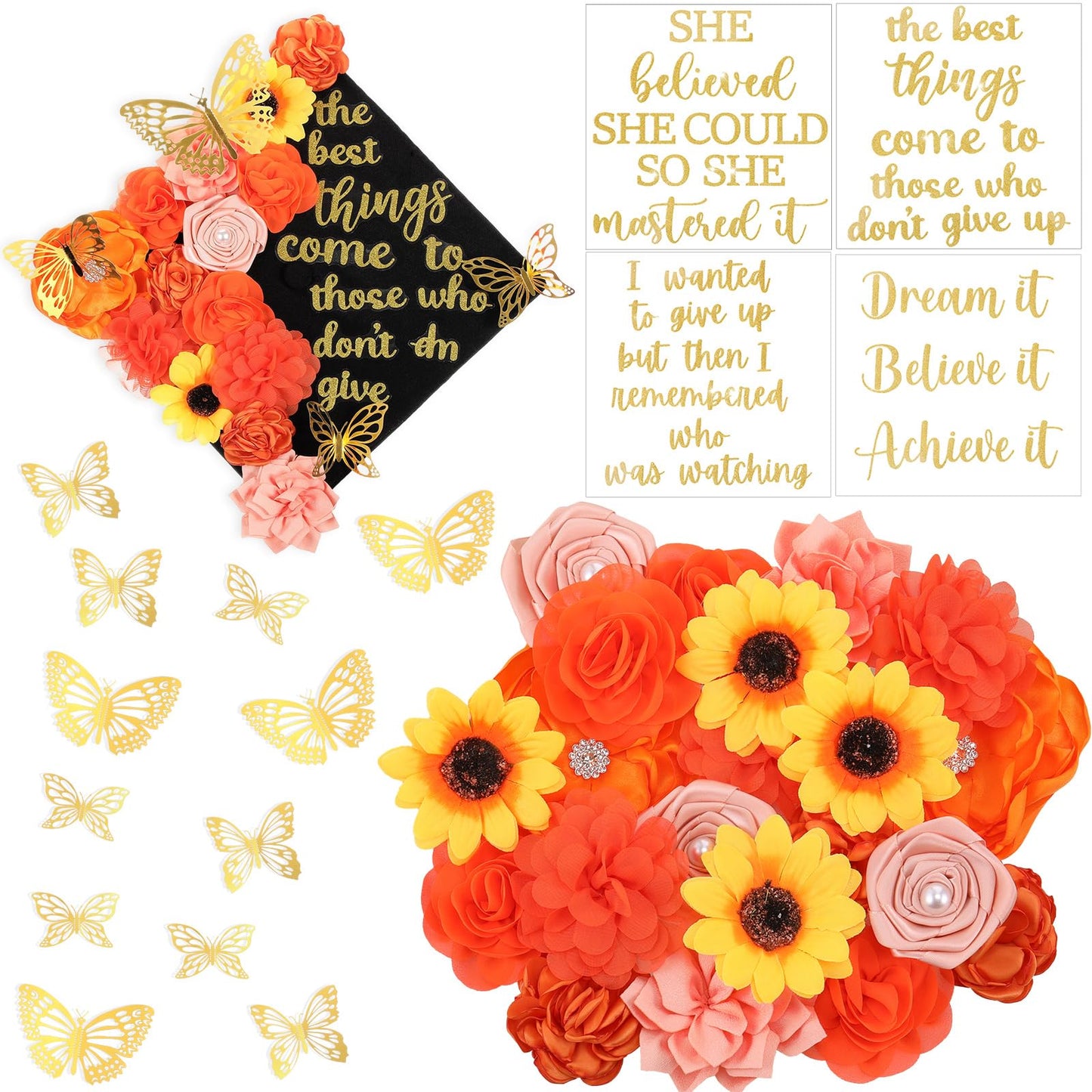 Feifeiya 36 Pcs DIY 2026 Graduation Cap Decorations Accessory Kit Include Faux Flower Heads Graduation Quotes Glitter Stickers 3D Butterfly for Grad Cap Topper DIY Gift(Orange,Excitation)