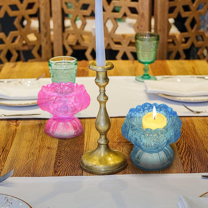 HOMOCONO 3pcs Glass Candleholder Set with High Base, Blue Red Pink Small Decorative Butter Lamp Holders for Desktop Religious and Home Décor