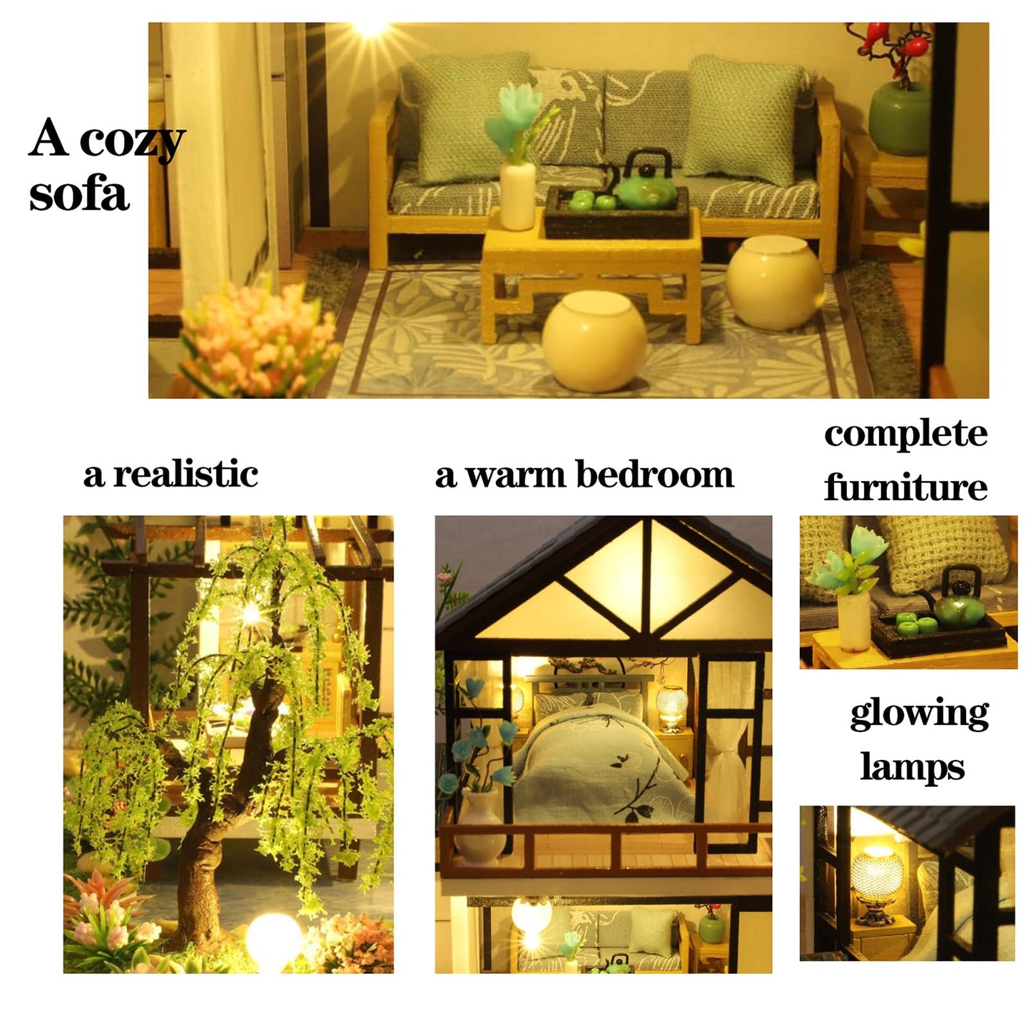 Bzmkpta DIY Miniature House Kit: Courtyard Dollhouse Kit for Adults & Teens, 3D Wooden Puzzle Booknook Bookshelf Insert Decor with LED Light, Tiny Model House Building Craft Miniature Kits, Ideal Gift