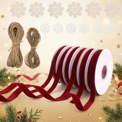 Christmas Velvet Ribbon Craft Kit – 6 Rolls Burgundy Felt Ribbon with Jute Twine Snowflake Fabric Patches, Complete Holiday Gift Wrapping Decoration Set, High-Value Bundle for Xmas Crafts Home Décor