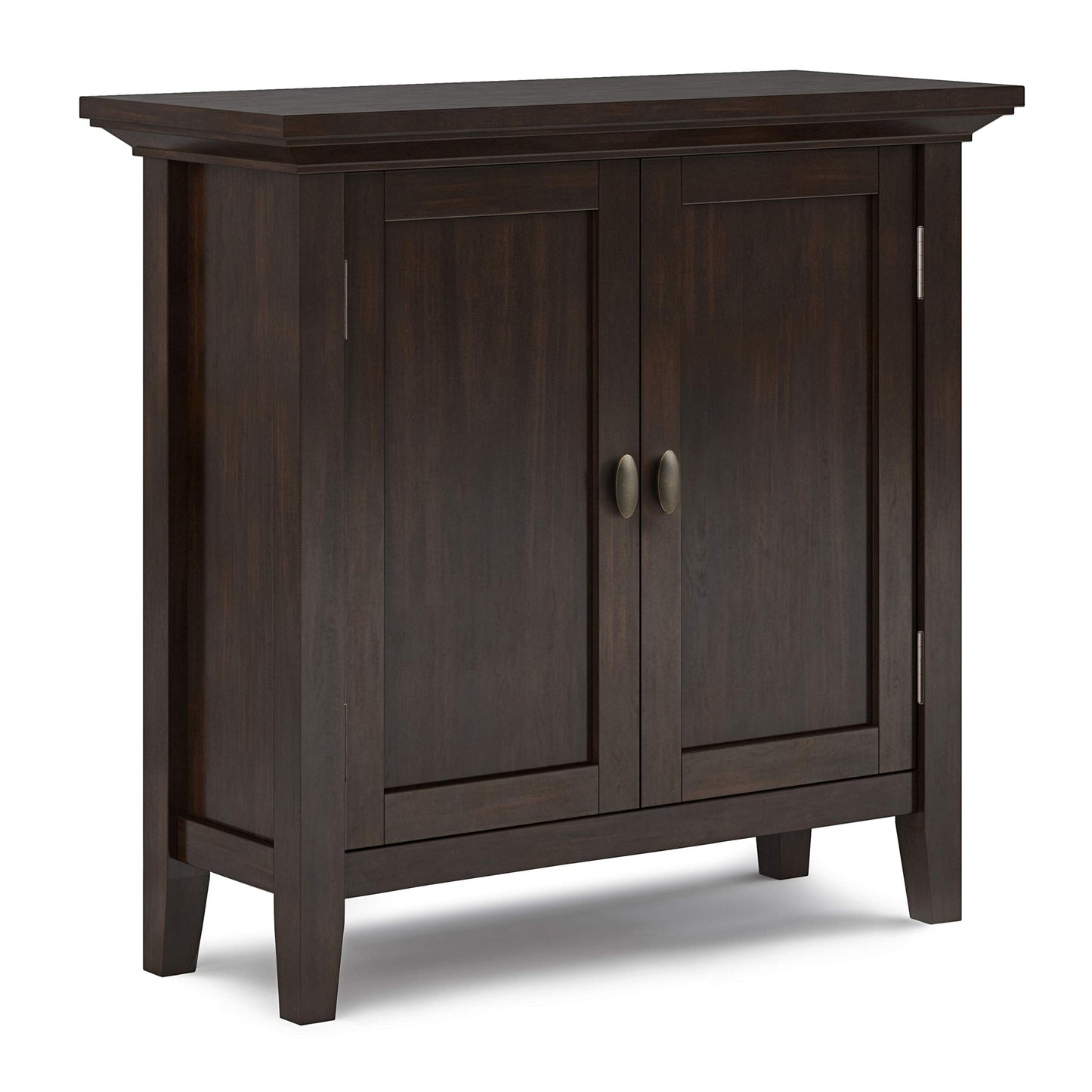 SIMPLIHOME Redmond Storage Cabinet - 32 inch Wide Solid Wood 2-Shelf Low Storage Cabinet in Brunette Brown, Transitional Accent Cabinet for Entryway with Adjustable Shelves and Tapered Legs