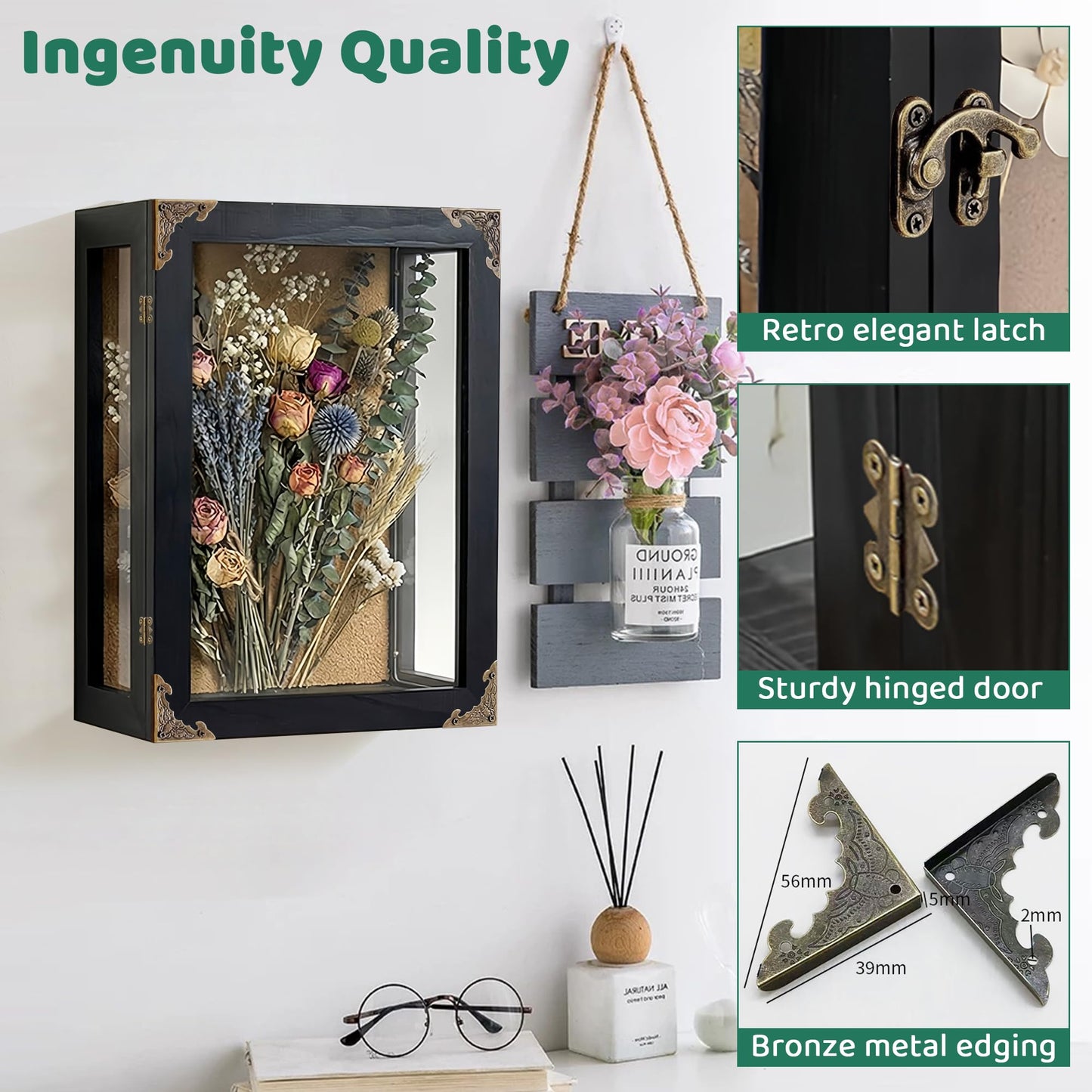OIHYA Deep Shadow Box Frame, 11x15x5 Inch Black Solid Wood Wall Mounted Shadow Boxes Display Cases with Vintage Metal Door Lock, Clear Acrylic Panel for Flowers, Picture, Keepsake Display