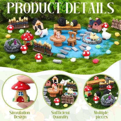 GGSTDDUP 45 Pcs Fairy Garden Accessories Miniatures Garden Kit with Animals, Mushroom House & Trees Miniature Accessories for Terrarium, Dollhouse & Outdoor Decor