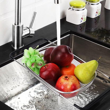 ZDRongZhen Kitchen Accessories Over the Sink Colander Strainer Basket，Stainless Steel Colander with Expandable Rubber Grip Sink Drainer-Rinse Vegetables Fruits &Strain&Drain (Large-Dense round hole)