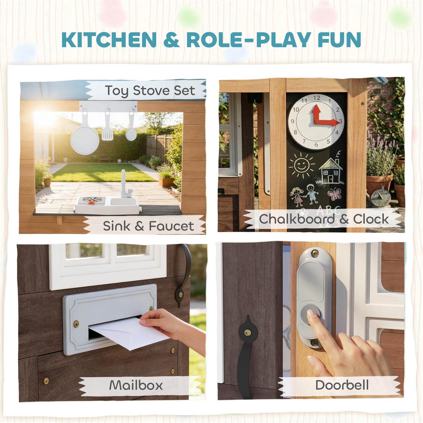 Qaba Outdoor Playhouse with Pet Door, Wooden Kids Playhouse with Play Kitchen, Mailbox, Doorbell, Birdhouse, Fence and Windows for Garden, Backyard, Indoor Playroom Pretend Play, Ages 2+, Brown