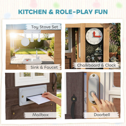 Qaba Outdoor Playhouse with Pet Door, Wooden Kids Playhouse with Play Kitchen, Mailbox, Doorbell, Birdhouse, Fence and Windows for Garden, Backyard, Indoor Playroom Pretend Play, Ages 2+, Brown