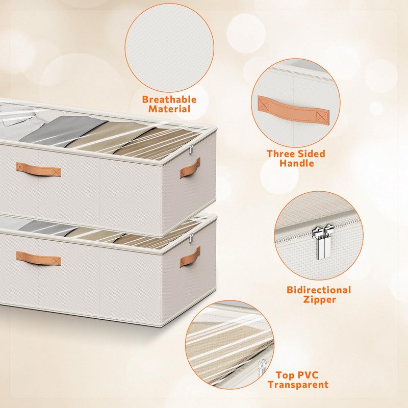 Chizjox 10inch 3 Pack Under Bed Storage Containers, 10 Inch Tall Underbed Clothes Storage Organizer Bin with Clear Window，Foldable Box Basket for Clothes, Closet, Bed Sheets and Blankets White