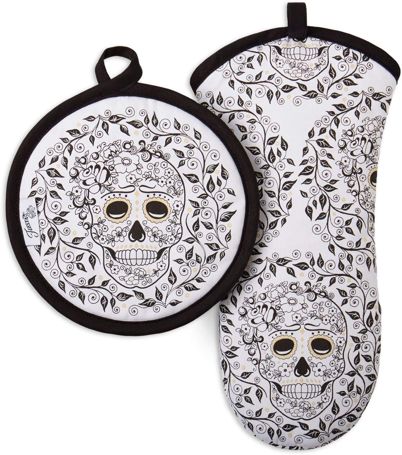 Fiesta Skull & Vine Oven Mitt & Pot Holder Set, Multi-colored, 6.5"x13" and 8"x8"