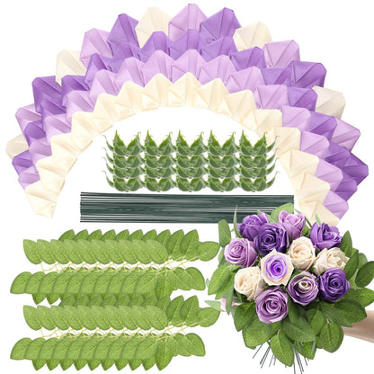 Thiccywoov 360 Pcs Premade Satin Ribbon Rose Petals DIY Kit with Flower Calyx Bases and Leaves Stems Half-Finished for Eternal Rose Flower Bouquet Gift for Anniversary Wedding Birthday(Purple Series)