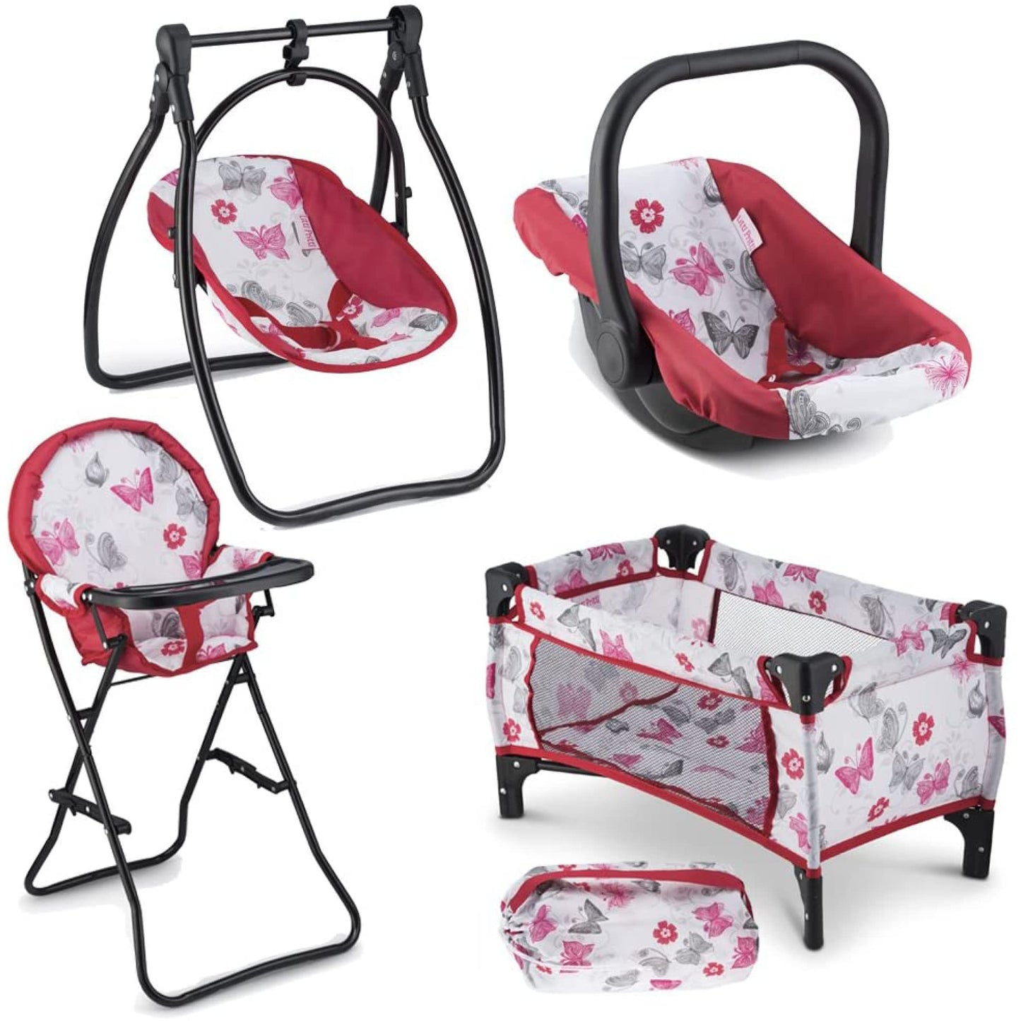 18-Inch Baby Doll Nursery Playset by Litti - Doll Accessories Set with Swing, Crib, High Chair, and Carrier - Realistic Toy Furniture for Imaginative Play - Gift for Kids Ages 3 Up
