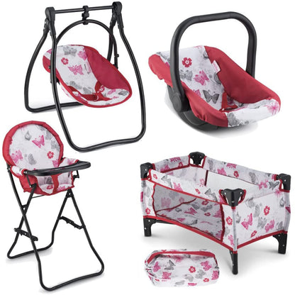 18-Inch Baby Doll Nursery Playset by Litti - Doll Accessories Set with Swing, Crib, High Chair, and Carrier - Realistic Toy Furniture for Imaginative Play - Gift for Kids Ages 3 Up