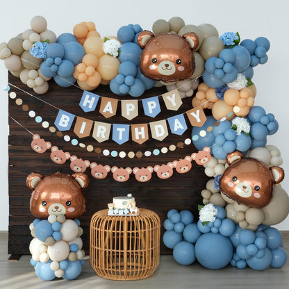 Ereniko Bear Birthday Balloon Arch Kit for Baby Boy Blue Khaki and Brown Balloons Decorations Set Happy Birthday Banner Bear Theme Decor