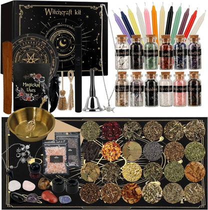132 Witchcraft Supplies Kit PCS, Wiccan Supplies and Tools, Including Witchcraft Herbs, Spell Candles, Crystals