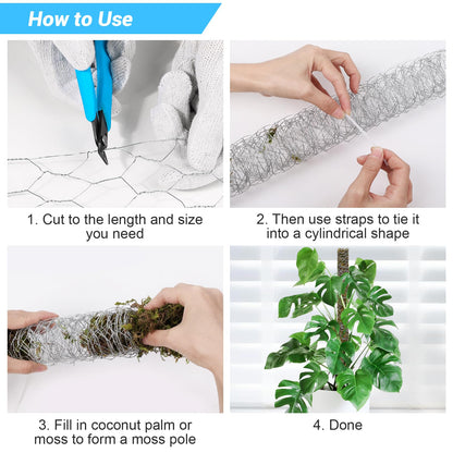 Chicken Wire Mesh 13.7 in x 157 in Silver Floral Chicken Wire Poultry Netting Hexagonal Galvanized PVC Coated Wire Mesh for Floral Arrangements Craft with 30 Zip Ties, Glove and Wire Cutting Pliers