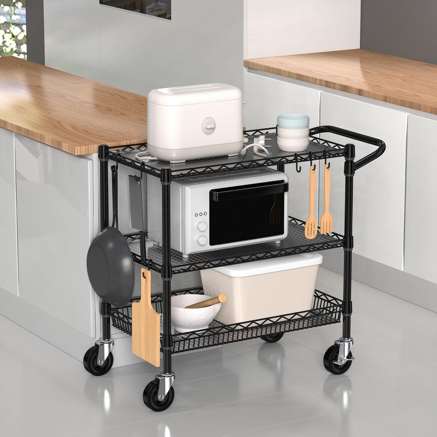 Folews Heavy Duty Rolling Cart with Wheels, 3 Tier Commercial Grade Utility Cart, Metal Storage Organizer Trolley with Handle Bar & Shelf Liner for Pantry, Laundry Room & Household Supplies, Black