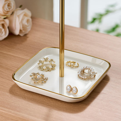 pickpiff Necklace Holder Stand with Ceramic Base: 12" Jewelry Tree Display Organizer for Necklaces, Bracelets, Rings, Earrings, Tall Gold Stand for Women, Aesthetic Room Décor, Gold and White