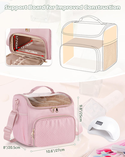 Prokva Nail Polish Organizer Bag Holds 42 Bottles(15ml/0.5 fl.oz), Double Layer Nail Storage Case for Gel Polish and Manicure Tools, Travel Nail Bag, Pink
