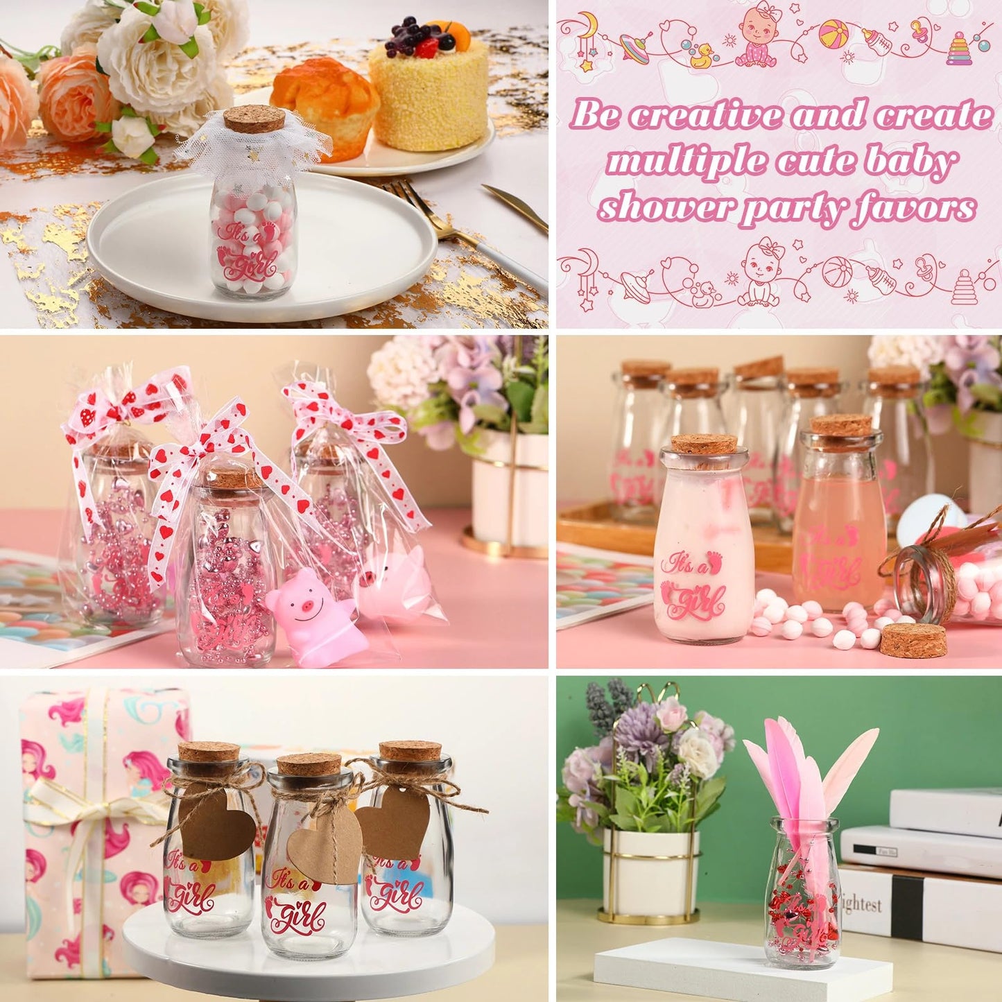 Sieral 48 Pcs 3.4 oz Small Glass Bottles Favor Jars with Cork Lids Baby Shower Decorative Milk Jar for Party Candy Decorations Souvenirs (It's a Girl)