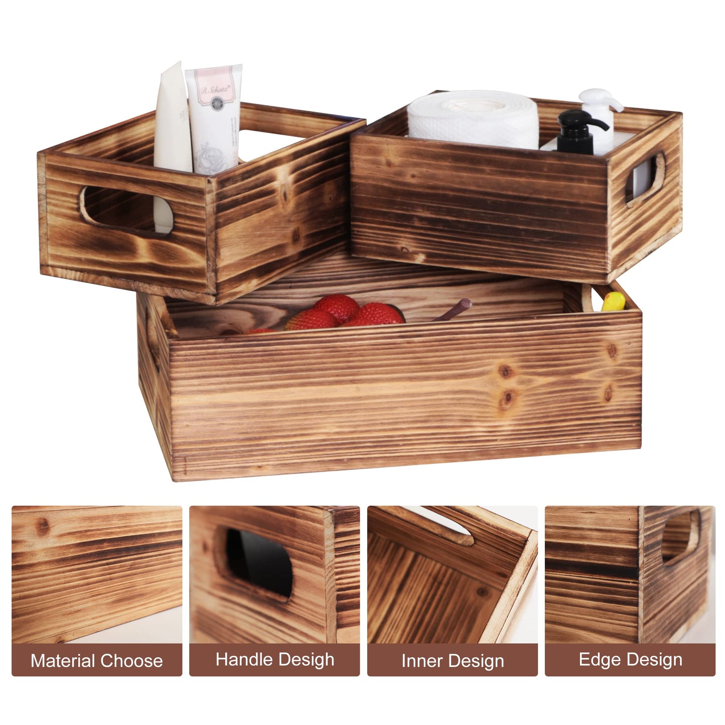 PHOENANCEE Wooden Crate Stackable Decorative Wood Crates set of 3 for Storage Display Rustic Nesting Box Basket Home Decoration Boxes Container Bin with Handles Farmhouse Decor,Solid Pine,L+M+S