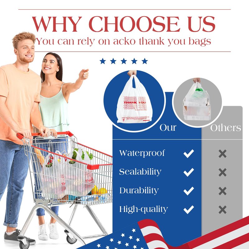 ACKO 1000 Count - Plastic T-shirt Bags with Handle, (11.5 x 6.5 x 21") 4 Gallon Thank You Bags for Grocery, Take Out, To Go, Retail Shopping Bag, Small Garbage Trash Bag for Home Office Kitchen