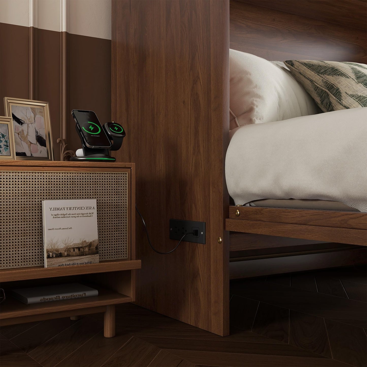 GDFStudio Queen Size Murphy Bed Cabinet with Rattan Panel, Built-in Power Station, Pine Wood Cabinet Bed with Storage Drawer, Foldable Queen Beds for Guest Rooms, Small Spaces, Living Rooms, Walnut