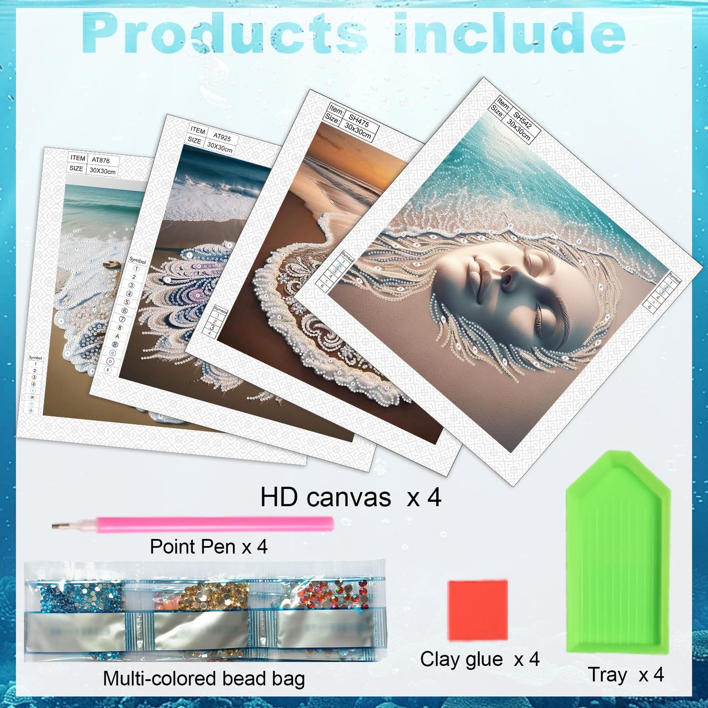 antor 4-Piece Beach Diamond Art Kits for Adults, Special Shaped Diamond Painting Kits, DIY Crystal Rhinestones Gem Art Crafts for Home Decor, Beginner Friendly, 11.8 x 11.8 Inch