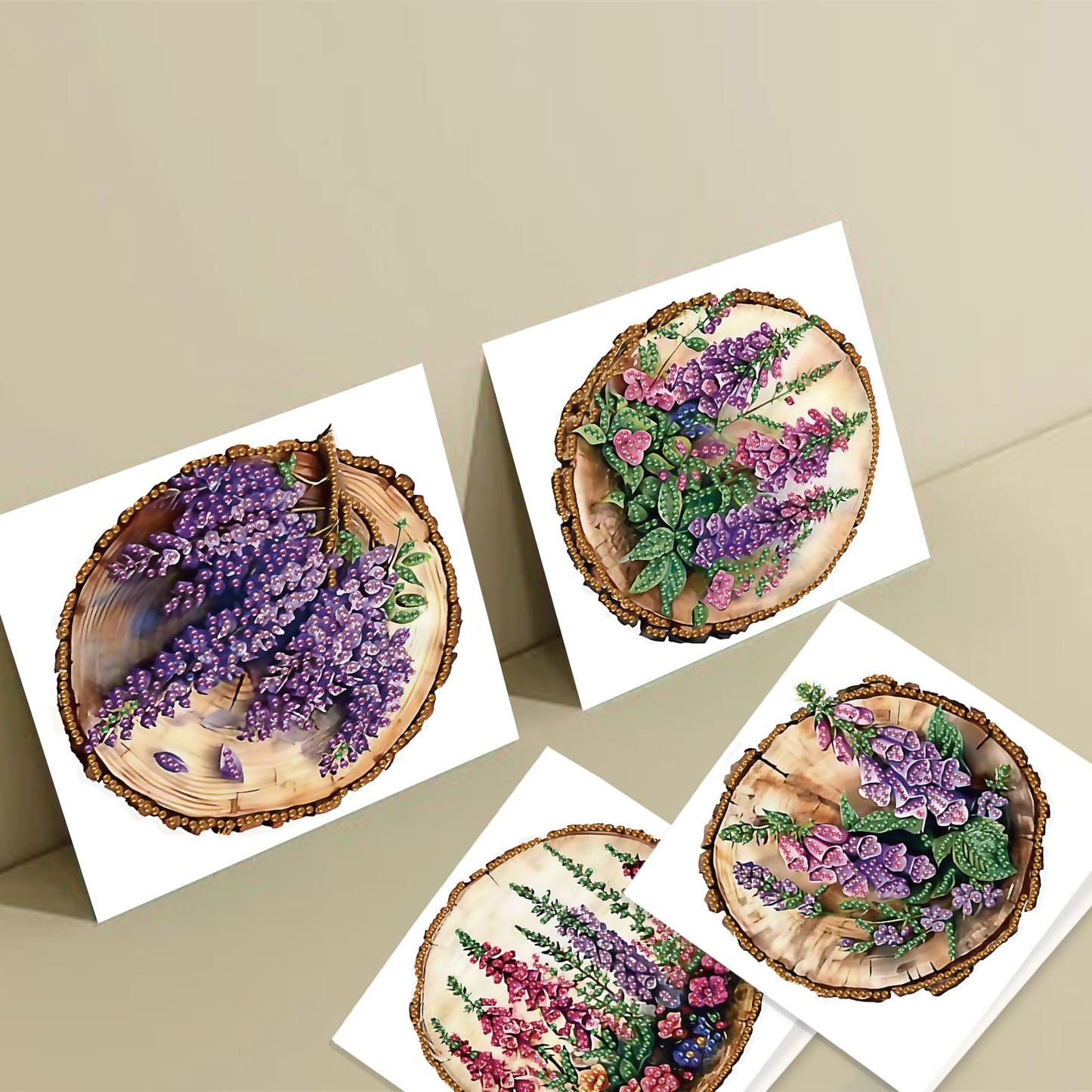 SHEGZHUC 6 Pack Diamond Painting Gift Card Lilacs Tree Stump, Diamond Art Kits for Adults Flowers Purple, Birthday Wedding Anniversary Greeting Get Well Congratulations Thank You Cards with Envelopes