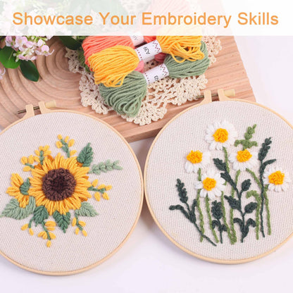 REEWISLY Punch Needle Embroidery Starter Kits for Beginners Flower and Grass Patterns.3Ps Embroidery Hoops,Color Threads,Instructions and Needles,DIY Adults Embroidery, Video Teaching
