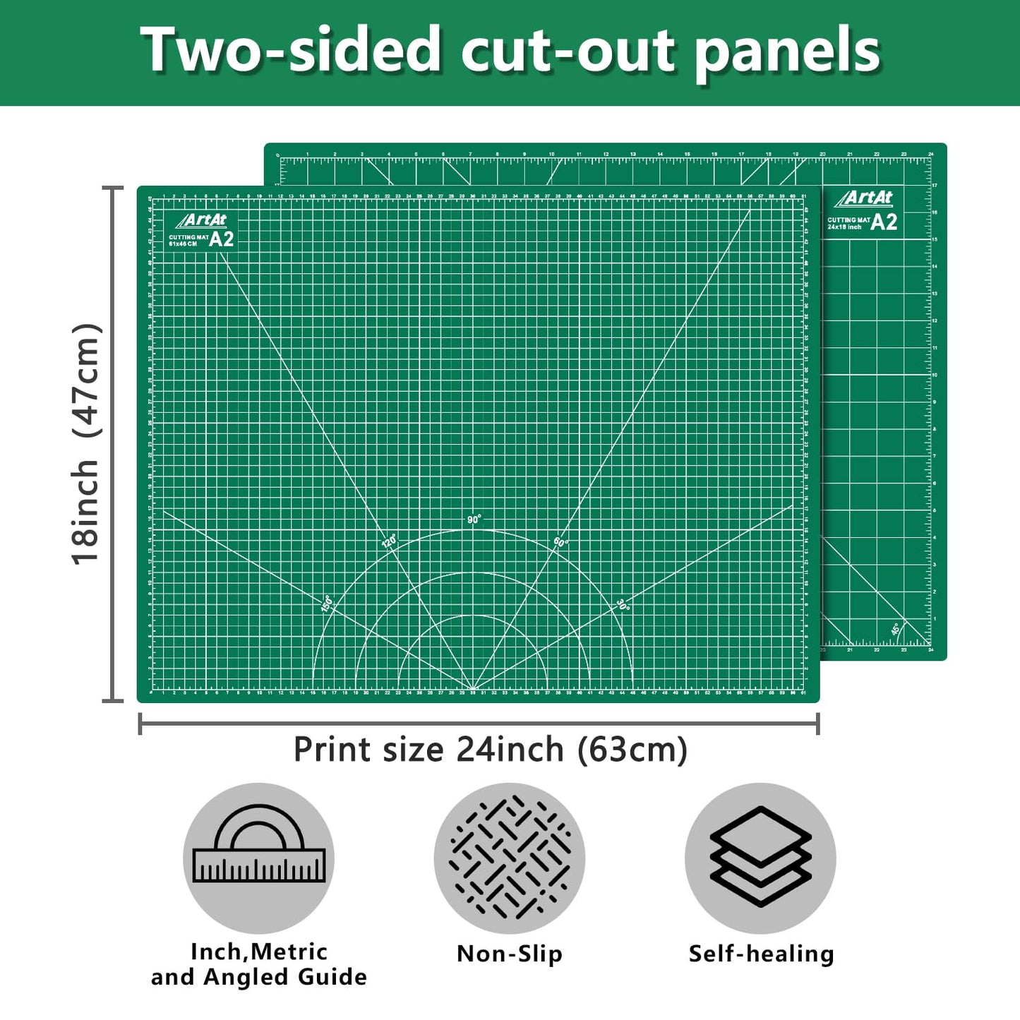 ArtAt Self Healing Cutting Mat: 18″x 24″ Green Double Sided, Non-Slip 5 Layers PVC Durable A2 Sewing Craft Mat for Rotary Cutter, Use for Quilting, Scrapbooking and Craft & Art Projects…