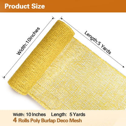 Yellow Poly Burlap Mesh 10 inches, 15 Feets Each, Yellow Poly Burlap Deco Mesh Ribbon for Wreath Supplies Party Decoration DIY Crafts Making, 4 Packs