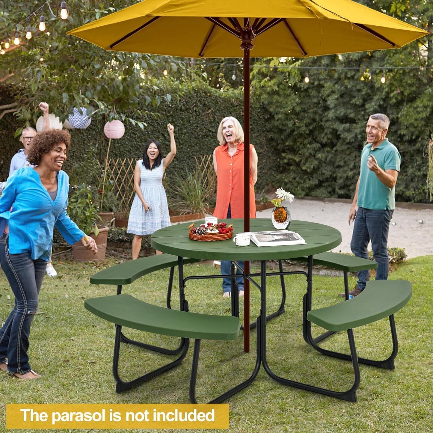 Julimoon Round Picnic Table for Outdoors, 8 Person Outdoor Picnic Tables & Benches Set with Umbrella Hole, HDPE Tabletop & Metal Frame, 2000 LBS Capacity Table Bench Set for BBQ, Garden, Lawn, Patio