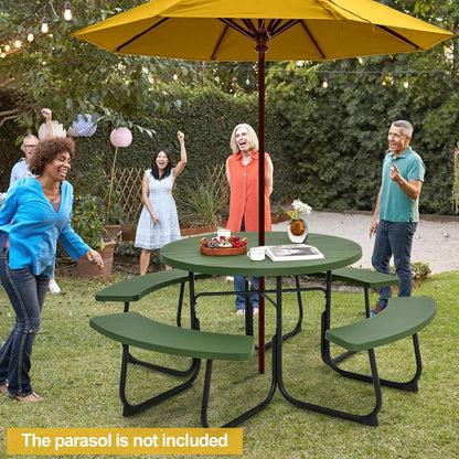 Julimoon Round Picnic Table for Outdoors, 8 Person Outdoor Picnic Tables & Benches Set with Umbrella Hole, HDPE Tabletop & Metal Frame, 2000 LBS Capacity Table Bench Set for BBQ, Garden, Lawn, Patio