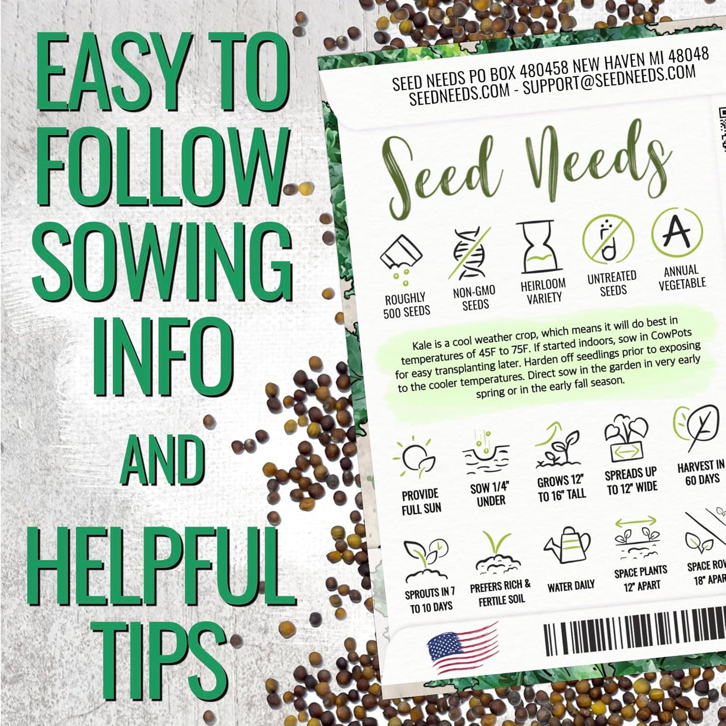 (5 Packs) Seed Needs Kale Seeds for Planting Vates Blue Scotch Curled Kale Vegetables - Non-GMO Heirloom & Untreated