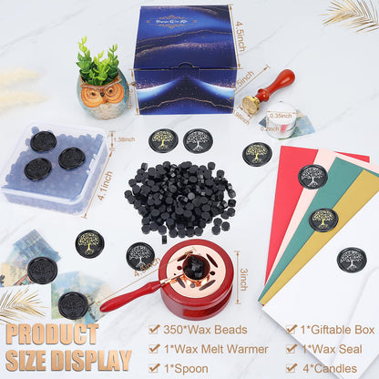 Yagugu Wax Seal Stamp Kit - 357Pc Set with Wax Beads, Stamp, Warmer, Spoon, Candles for Vintage Envelopes & Letters (Black)
