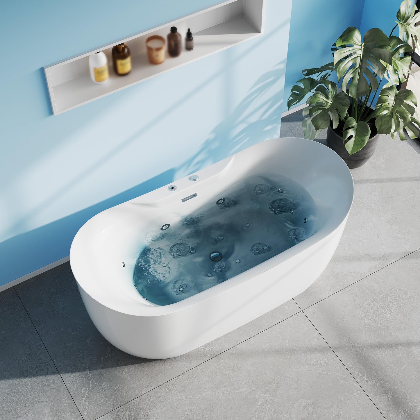 Luxury 71" Heated Whirlpool Bathtub, Smart Digital Control Acrylic Tub with Dual Air & Water Jets, Auto-Temp Heating System, Freestanding Rectangular Soaker with Complete Pump Kit, White