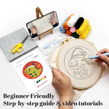 Christmas Punch Needle Kit for Adult Beginner, Easy Punch Embroidery Starter Set with Instruction, Fun DIY Needle Point Craft for Home Decor & Holiday Gift Idea(2pcs Dino & Penguin)